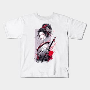 Beautiful girl with horns,  katana,Asian drawing Kids T-Shirt